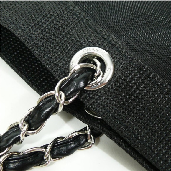 CHANEL CC Black Mesh Tote Bag purse chain silver shoulder logo shopper - Picture 5 of 7